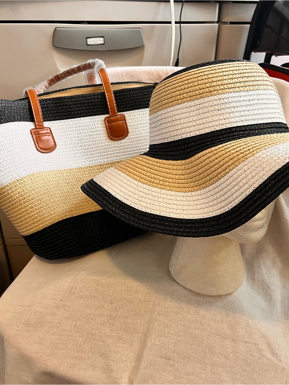 Beautiful Striped Straw Sun Hat and Tote Set in Black, White & Tan